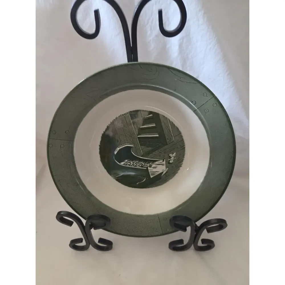 Royal Colonial Homestead Green 6 Rimmed Soup Bowls EUC